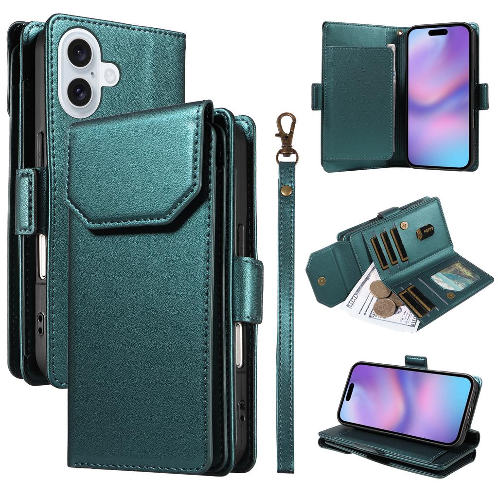 For iPhone 17 Case with Multi-Card Holder and Strap PU Leather Phone Cover Stand