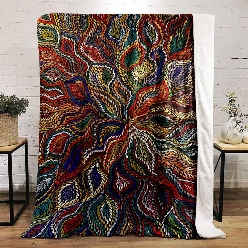 Colorful, flowing leaf-like pattern with intricate overlapping details. for all seasons blanket lunch break throw gift