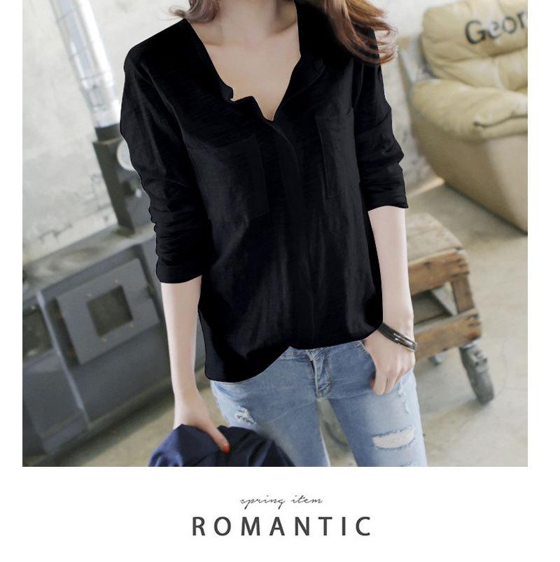 Women's V-Neck Long-Sleeve Bamboo Cotton Pocket Tee - Autumn Collection, Loose Fit, Solid Color