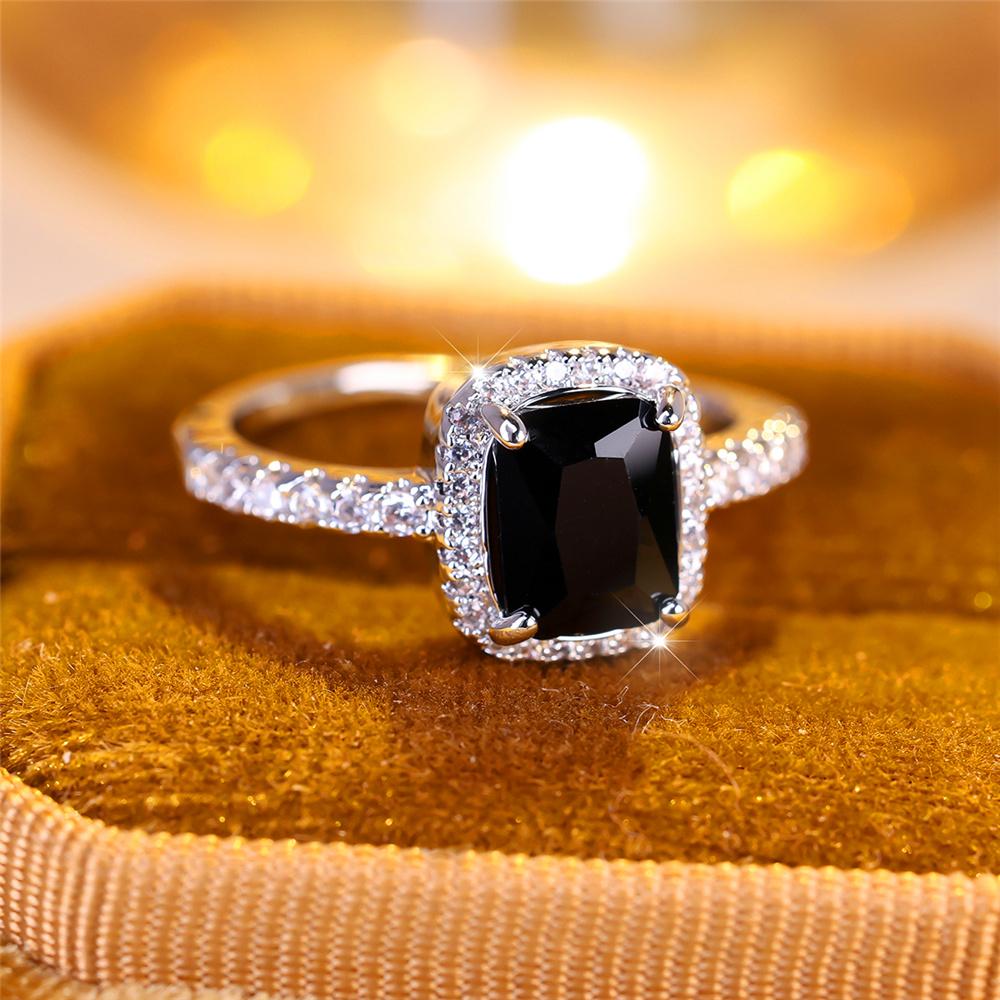 Luxury Female Black Zircon Stone Engagement Ring Charm Silver Color Wedding  For Women
