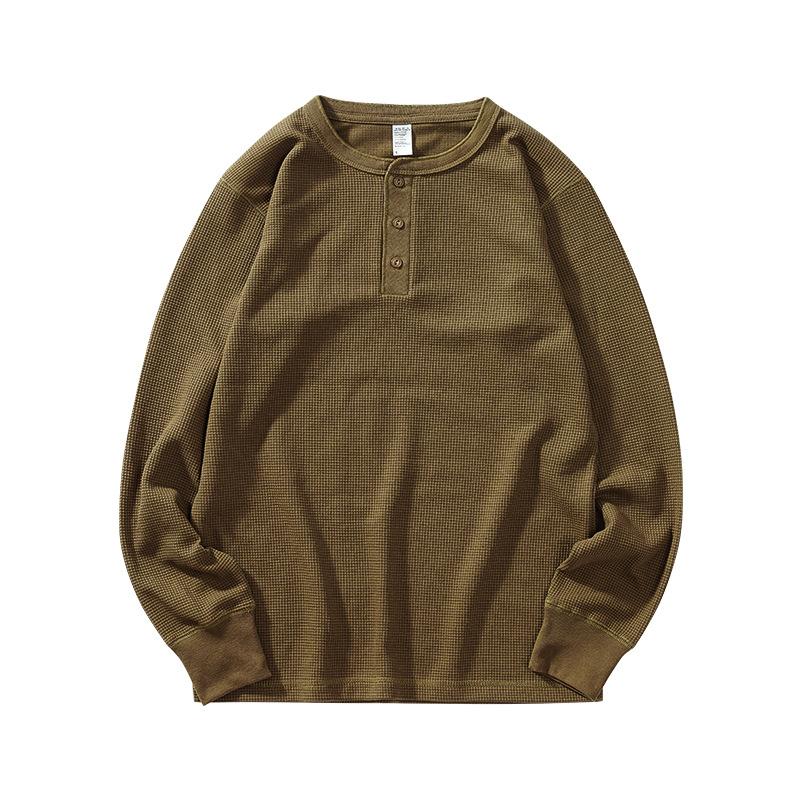 Tricou cu mânecă lungă pentru bărbați, toamnă, greu, retro, waffle, tricou larg cu guler Henley