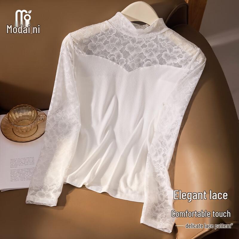 

Women s Modal Lace Semi-High Collar Long Sleeve Top One Size