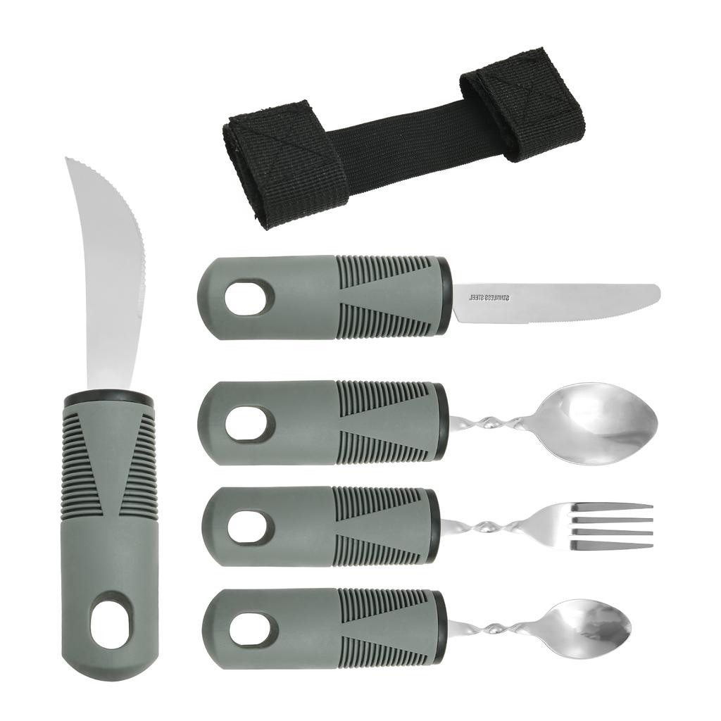 Set di Forchetta e Cucchiaio da Tavola Regolabile con Manico Antiscivolo Acciaio Inossidabile Posate Adattive Stoviglie per Anziani Gadget da Cucina