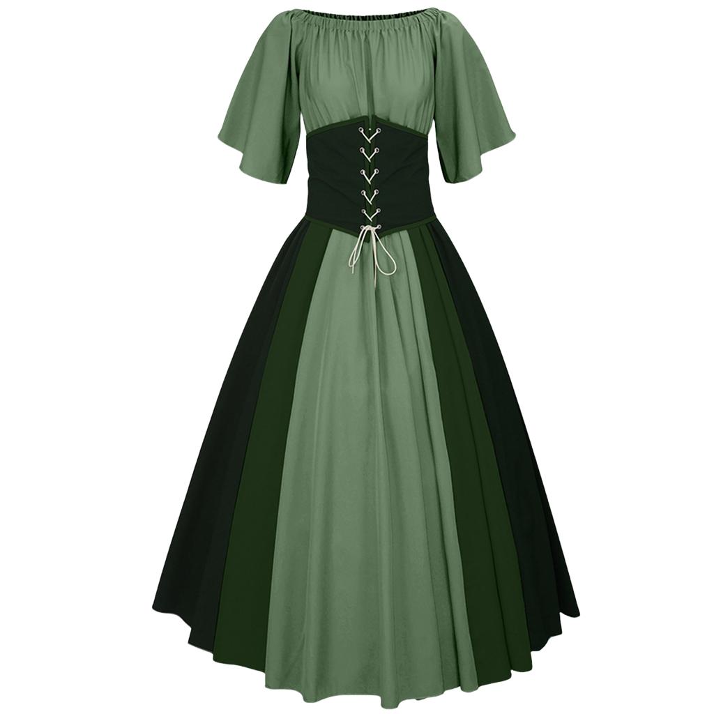 Women's Halloween Off-Shoulder Dress with Color Block Sleeves Tie Waist Belt Set