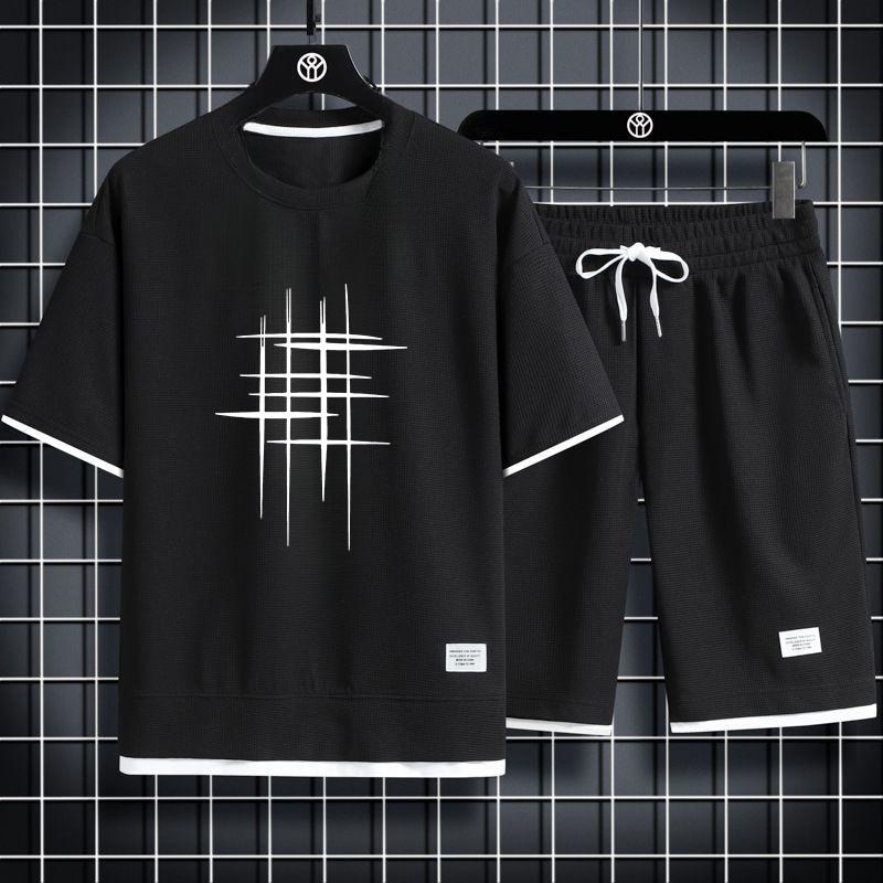 Men's Sets Waffle Summer Casual T Shirt + Shorts Suit Basketball Tracksuit Letter Print Solid Color Tracksuit Loose Suit