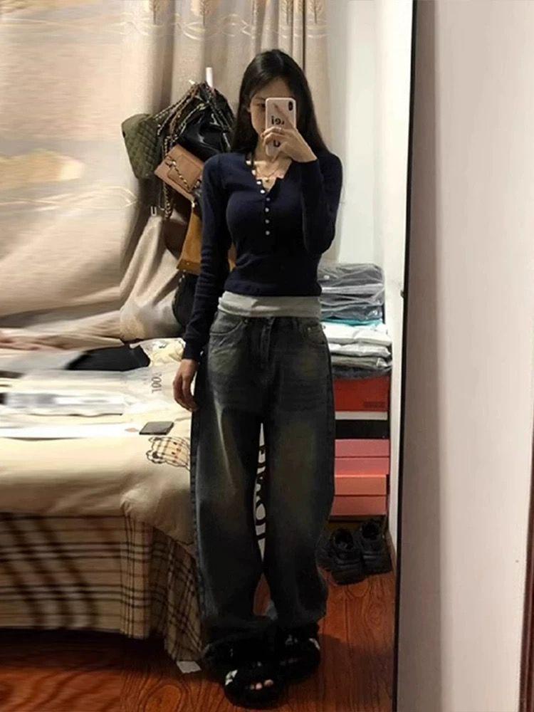 Women's 2024 Autumn Slim Fit Contrast Collar Two-in-One Long Sleeve Top