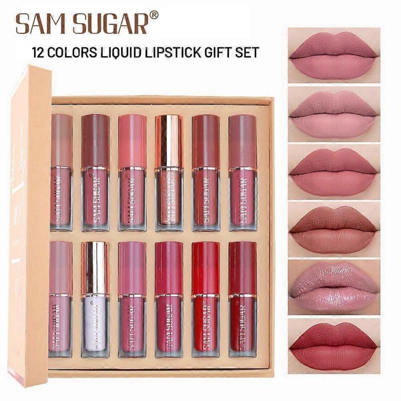 12er Set Samt Mattes Flüssig-Lippenstift-Set, Wasserdicht Langanhaltend Schnelltrocknend Nicht an Tasse haftend Nude Lippenstift-Stain-Set, Bis zu 24 Stunden Halt, Professionelles Lippen-Make-up