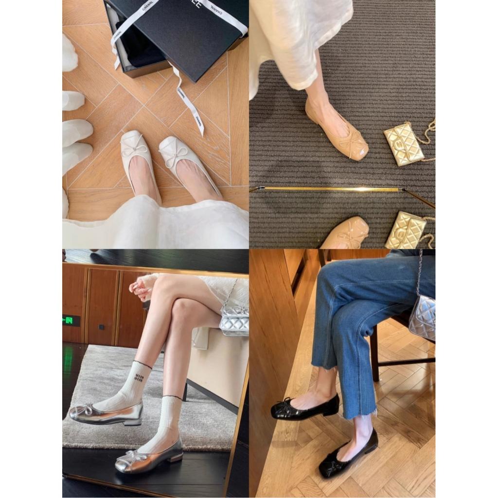 Cowhide Sweet Temperament Versatile Bow Square Head Thick Heel Ballet Style Leather Single Shoes Women
