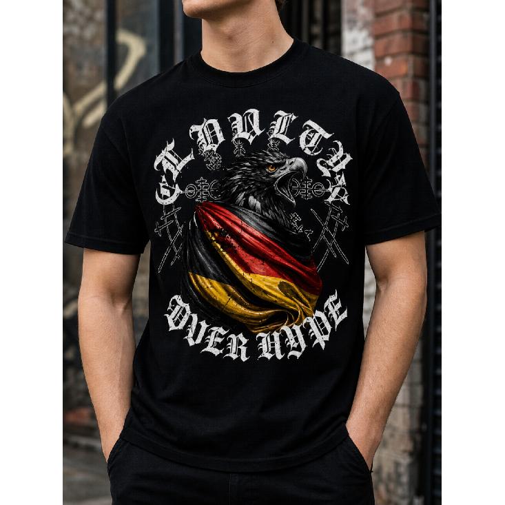 Men s Black Graphic Tee With German Flag Eagle Gothic Lettering Short Sleeve Crew Neck Soft Cotton Casual Streetwear Top S чёрный