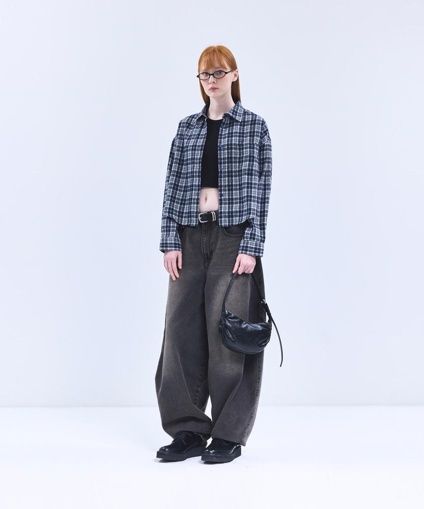 VIVABROWN 85-Viva090 Sand Crop Long Sleeve Check Shirt Navy