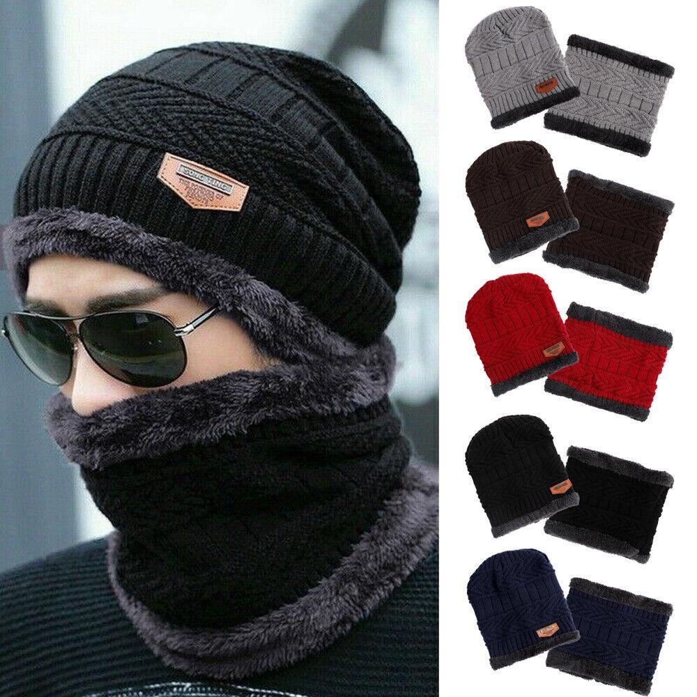Winter Beanie Mens Hat And Scarf Set Warm Fleece Knitted Cap Unisex Couple