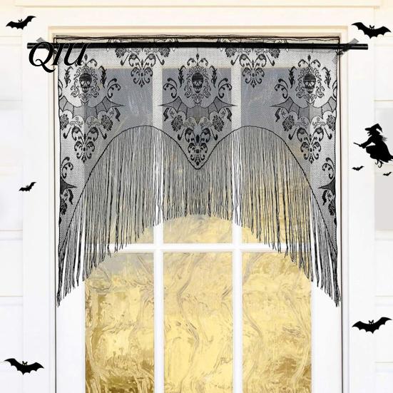 Fledermaus-Design Fensterdekoration Halloween Gruselige Gardine, Schädel und Muster Zarter Spitzenvorhang, Gardine Lichtdurchlässig Gotischer Vorhang für Wohnzimmer