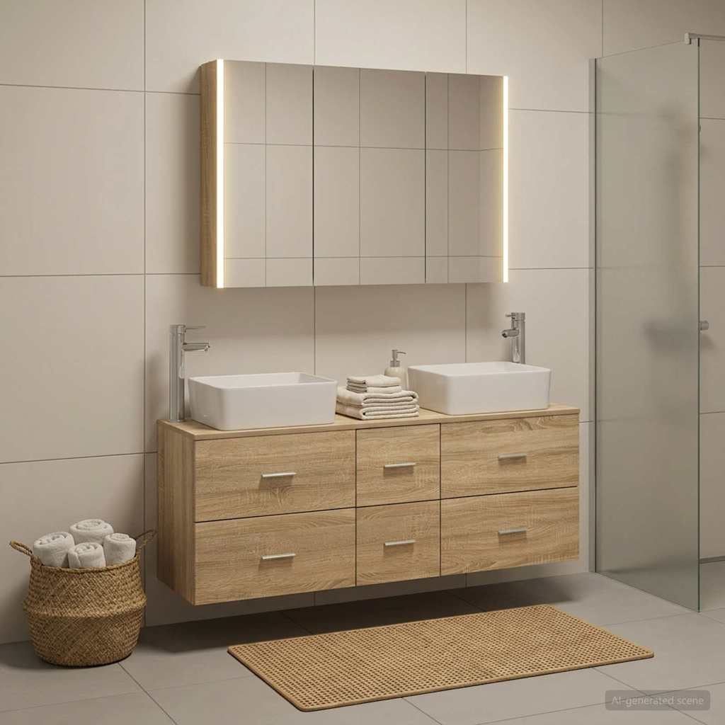 Bathroom Furniture Set 4 Pcs Sonoma Oak Engineered Wood and Glass