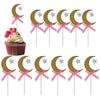 12Pcs Cake Insert Golden Moon Star Cake Topper with Pink Bowknot Wedding Birthday Party Decoration