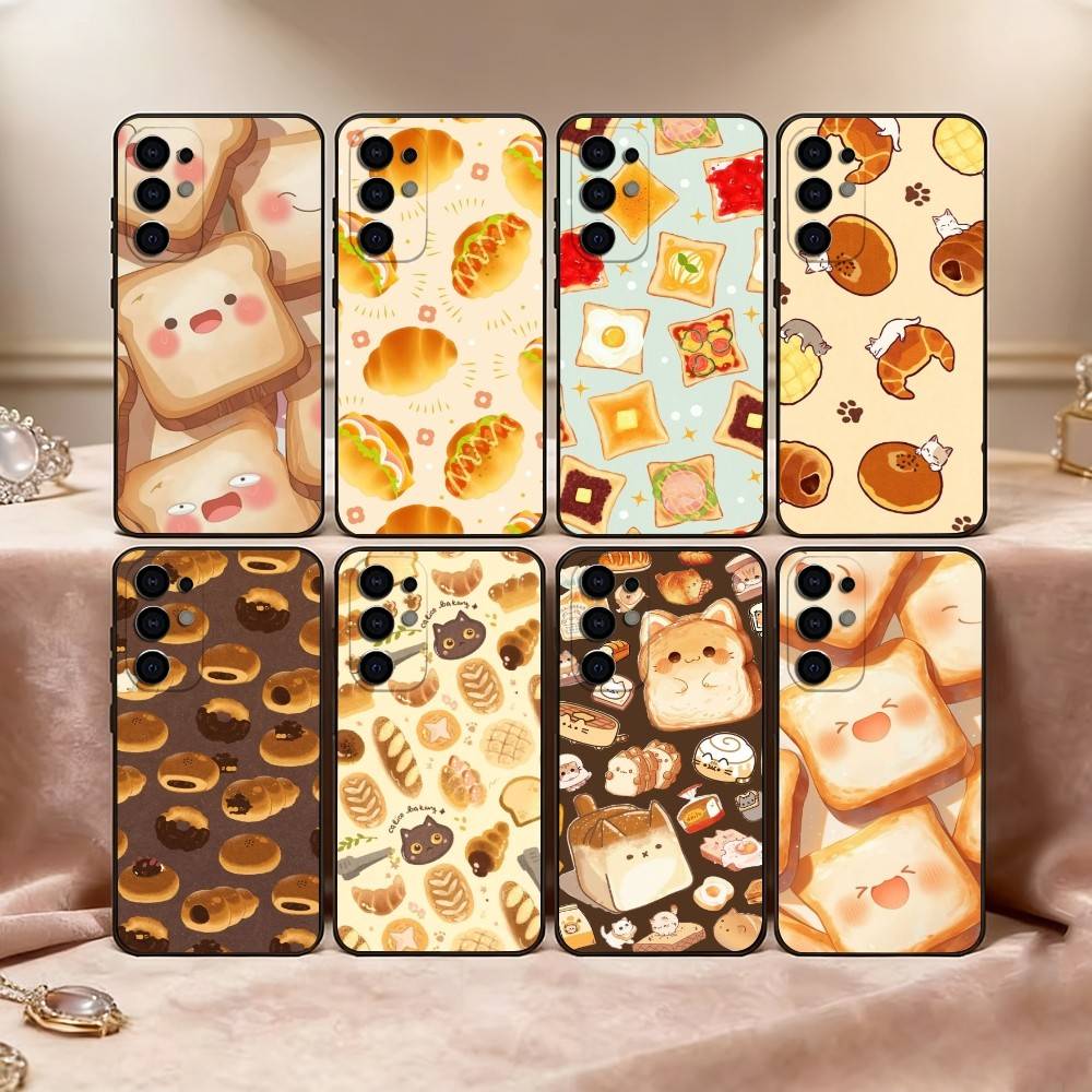 Cute Bread Illustration Phone Case Black Silicone Soft For Samsung S25,S24,S21,S22,S23,S30,Ultra,S20,Plus,Fe,Lite