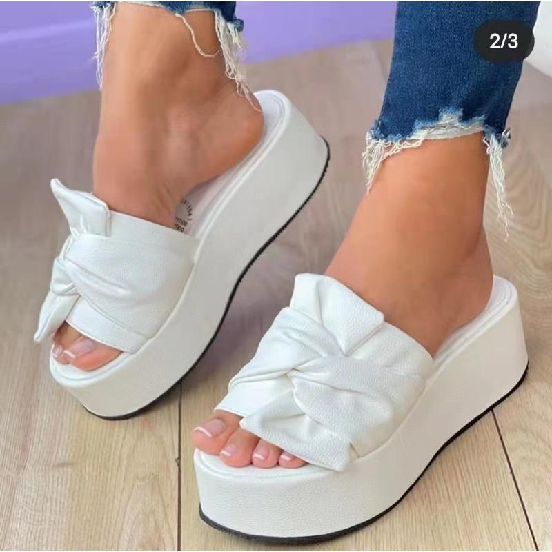 Large size new thick-bottomed bow one-word slippers women's solid color open-toed beach cool slippers