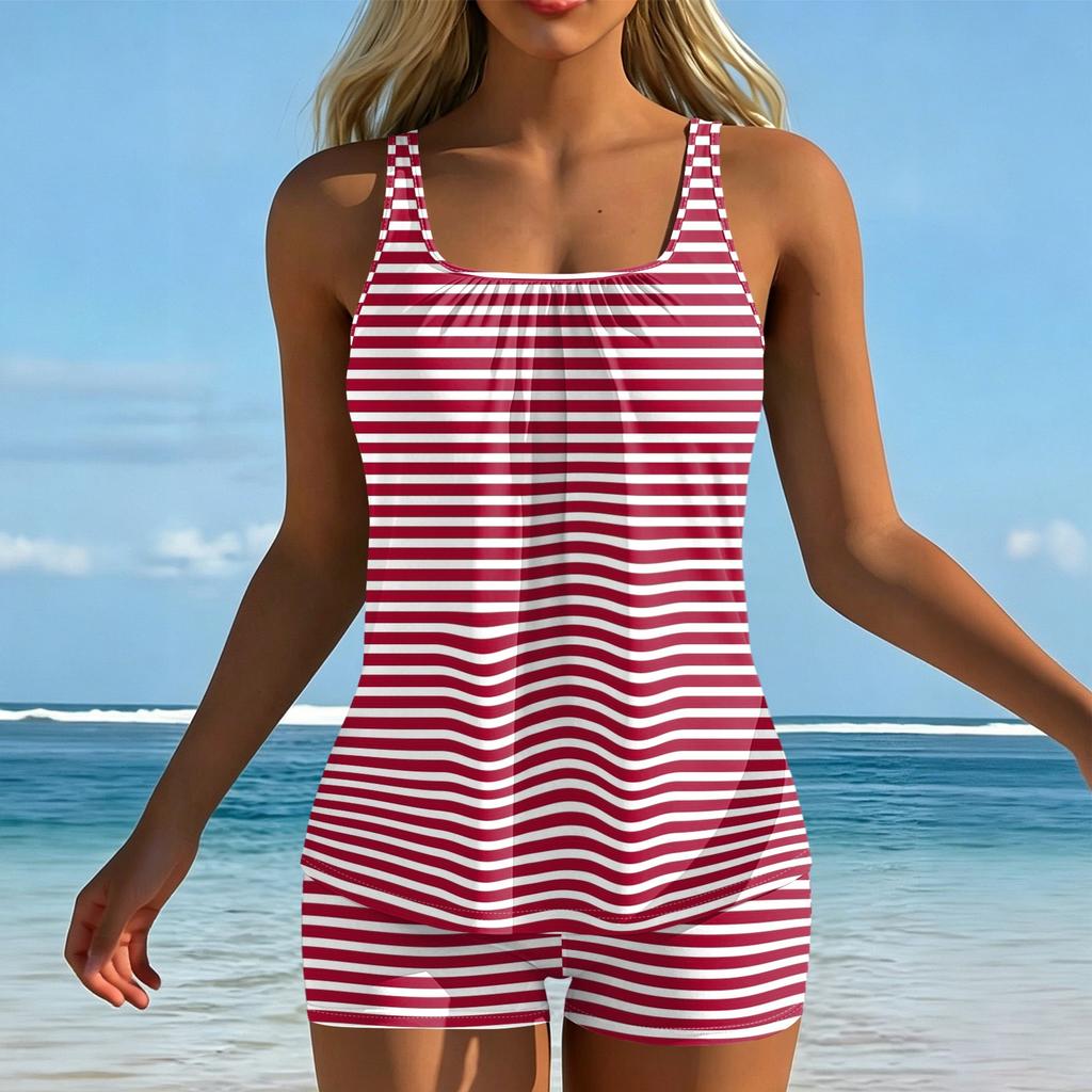 Women’s Striped Tankini Set with Square Neckline and Boyshorts Swimwear Two Piece Bathing Suit for Beach Pool