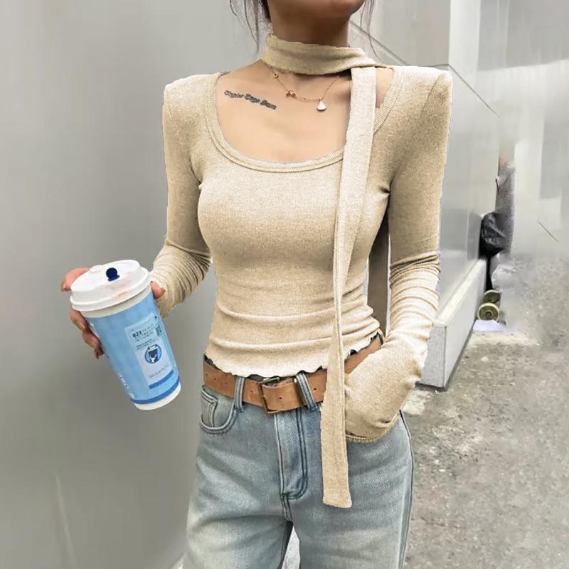 

Топ с вырезами халтер, длинными рукавами и облегающего кроя для женщин - Осень/Зима 2025: Чистый, Сексуальный, Деталь с лентой, Дизайн с низким вырезом. XL