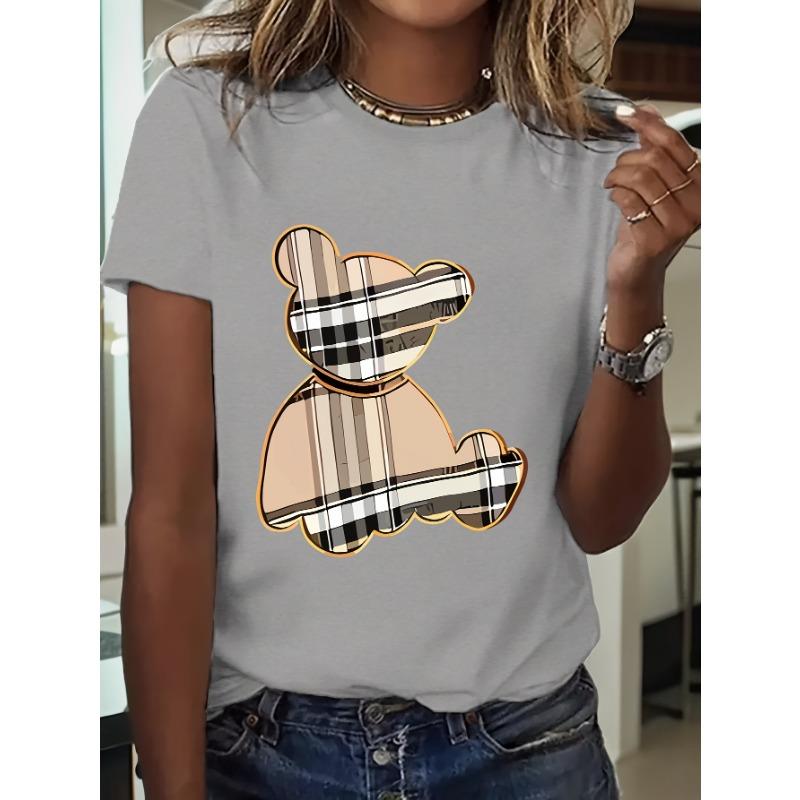 

Women s Sporty Casual Striped Bear Print T-Shirt - Breathable Moisture-Wicking Lightweight Soft Round Neck Short Sleeve Top XL