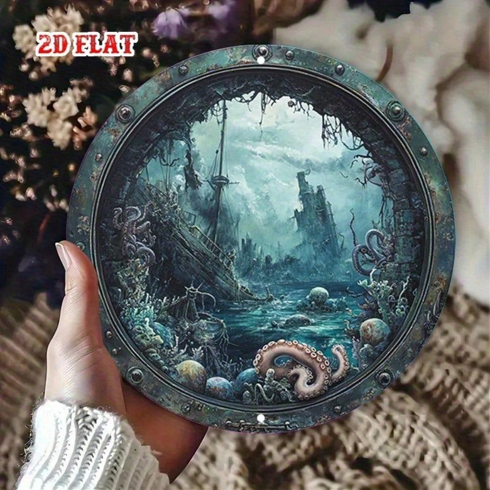 1pc Vintage Nautical Octopus Porthole Metal Wall Art Sign, Fantasy Underwater Ruins Aluminum Round Home Decor