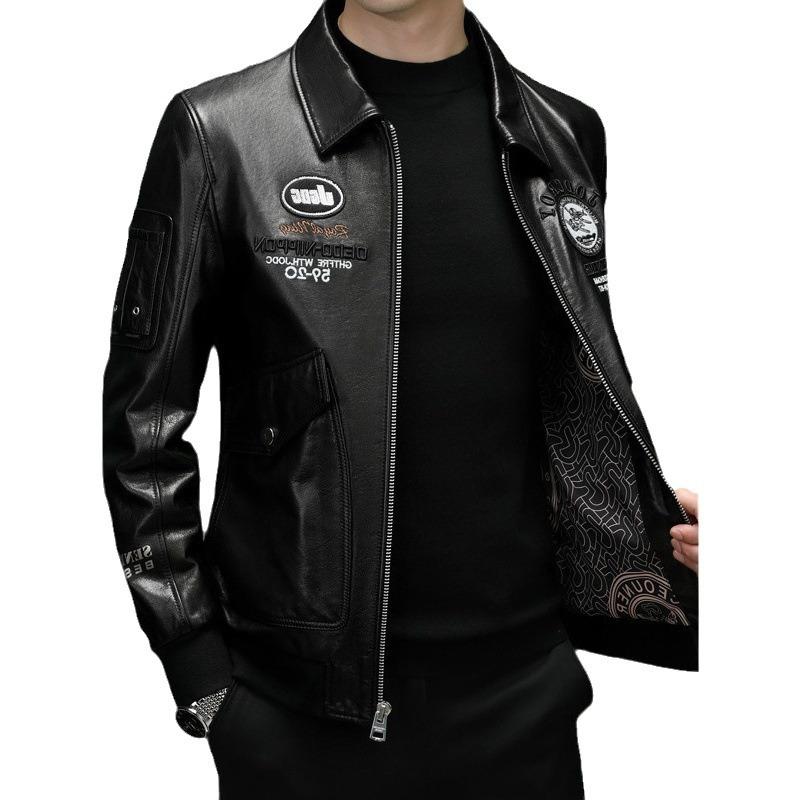 First layer cowhide leather jacket men's spring and autumn middle-aged and young people trend embroidered locomotive clothing leather jacket jacket