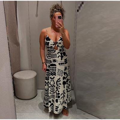 2025 Summer Women's V-neck Big Swing Long Printed Suspender Tube Top Sexy Dress A-line Hollow Slim Ladies Dress