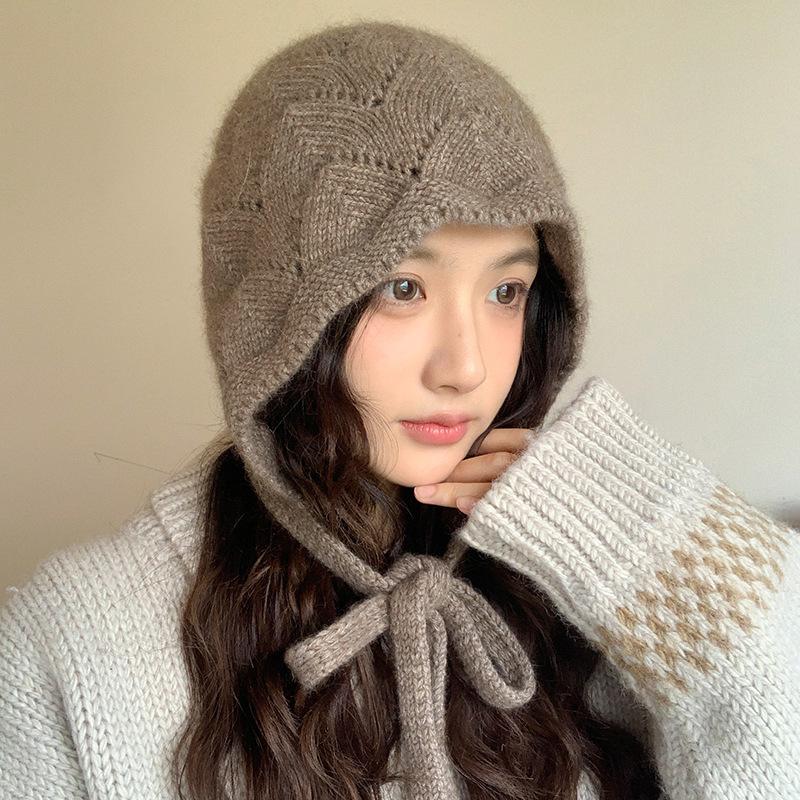 Angola Rabbit Fur Knitted Hat for Women, Lace-up Bag Head Hat In Autumn and Winter, Wool Thermal Ear Protection Hat Shows a Small Tide