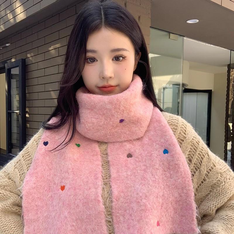 Warm Wool Fleece Scarf With Heart Embroidery Cross Neck Design Lightweight Cozy Winter Accessory Women