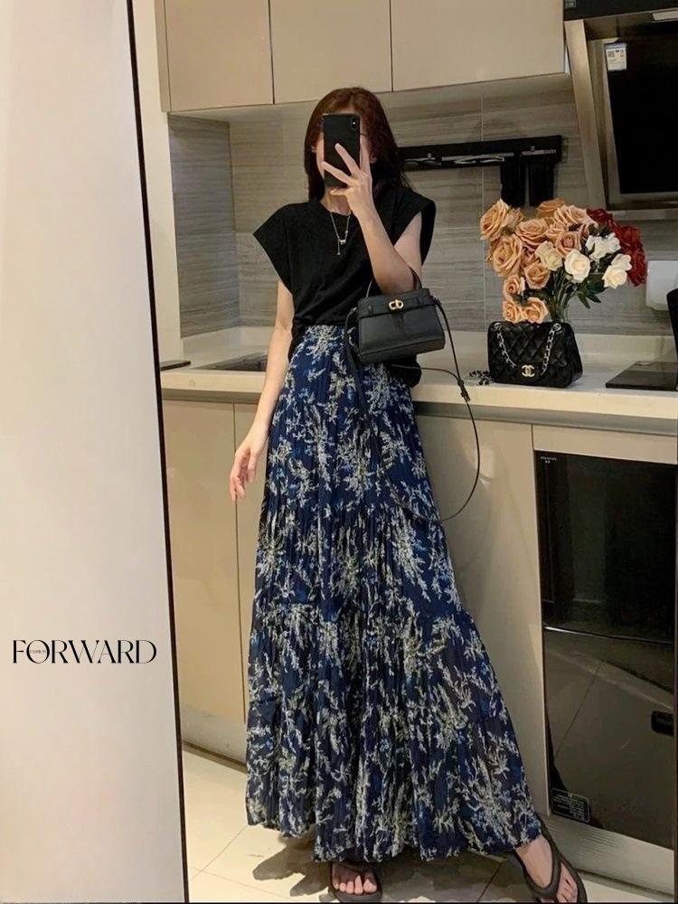 

Ретро Цветочная Многослойная Лоскутная Женская Шифоновая Юбка Миди с Приталенным Дизайном One Size (85-140 jin recommended) синий