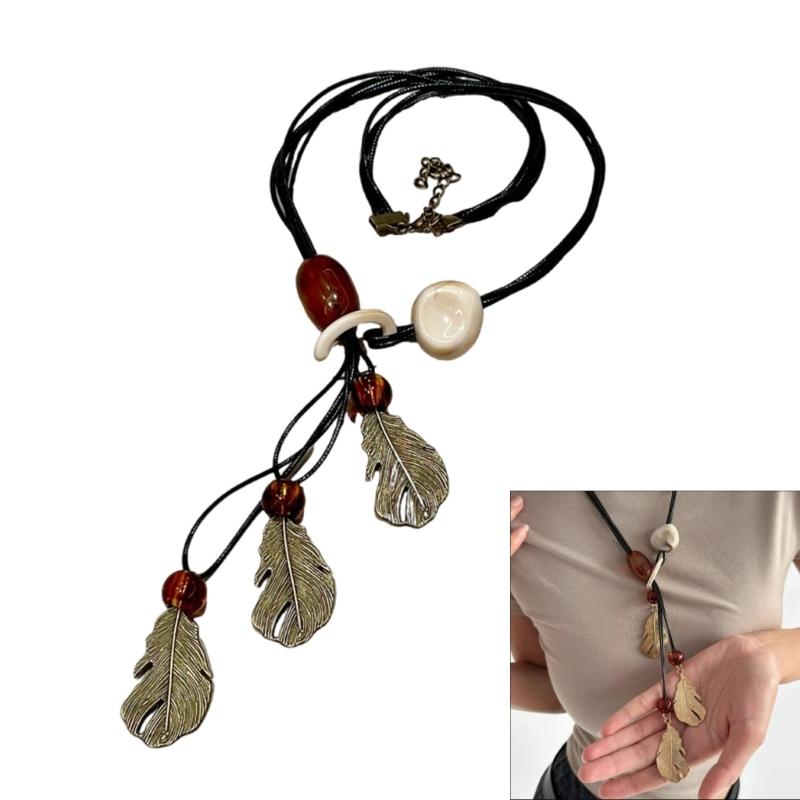 Long Bohemian Ceramic Bead Strand Necklace Ethnic Leaf Pendant Fringe Jewelry for Women Summer Statement Accessory
