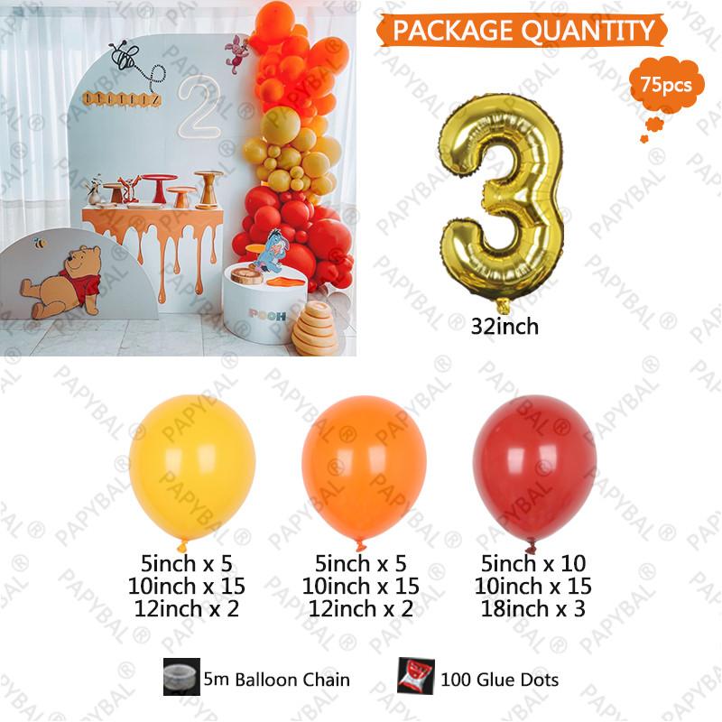 75PCS Yellow Honey Winnie the Pooh Theme 32inch Gold Number Kids Birthday Party Decor Gift Baby Shower Garland Arch Kit Globos