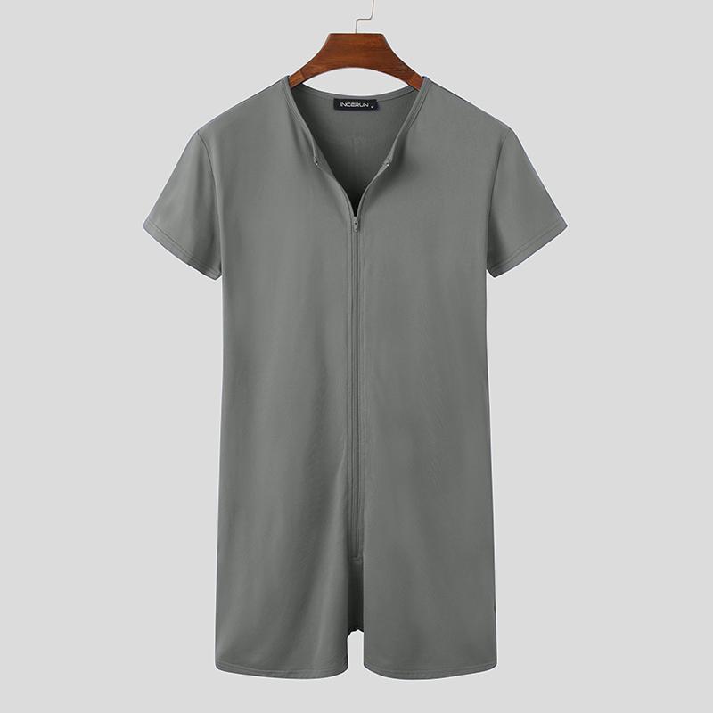 

INCERUN Летняя мужская домашняя одежда Комбинезон с короткими рукавами на молнии Пижамы Пижамы S серый