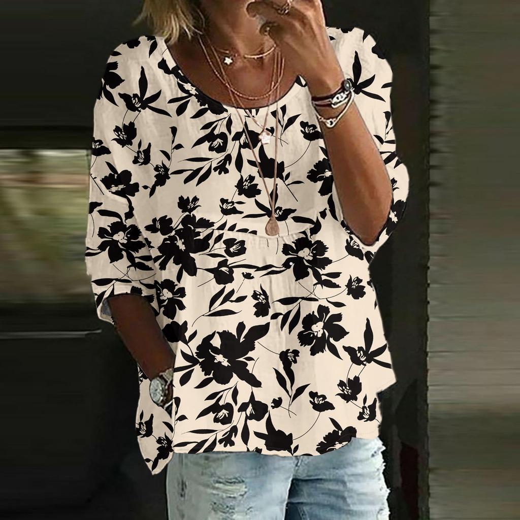 Top casual de damă cu mâneci trei sferturi, larg, cu gât rotund și imprimeu floral