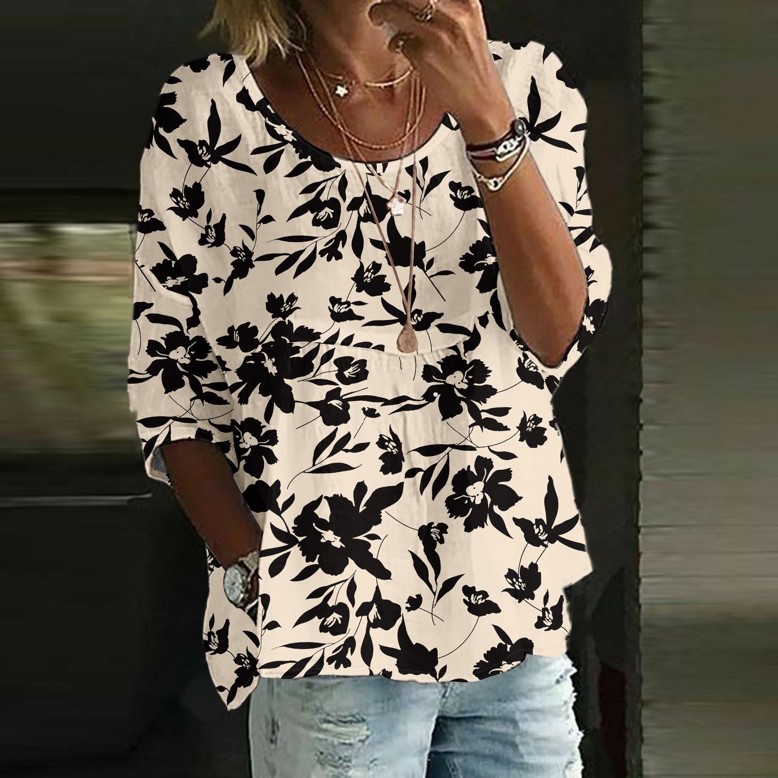 

Women s Casual Fashion Three-quarter Sleeve Loose Round Neck Floral Print Top L бежевий