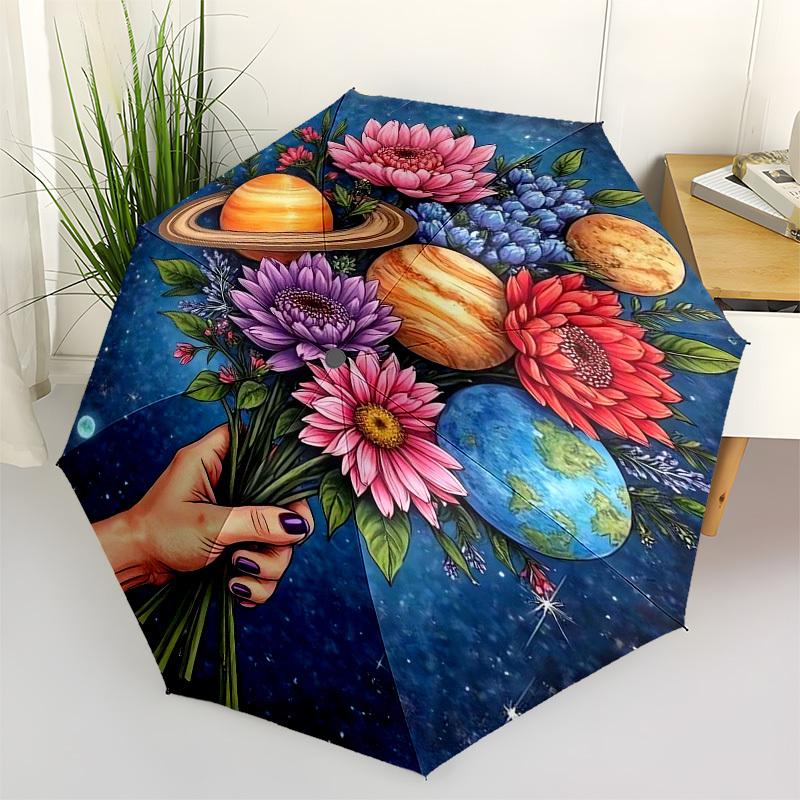 

1pc Flower Bouquet with Planets in Space Umbrella with Plastic Handle,Vibrant Cartoon Pattern,Multi-functional UmbrellaPT186