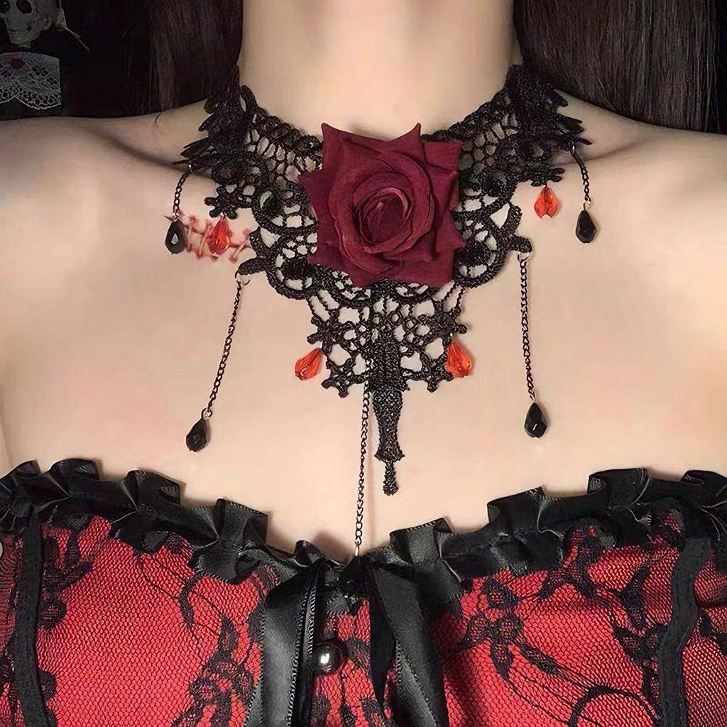 Dark Retro Red Rose Lace Necklace, Light Luxury Clavicle Chain for Halloween Party