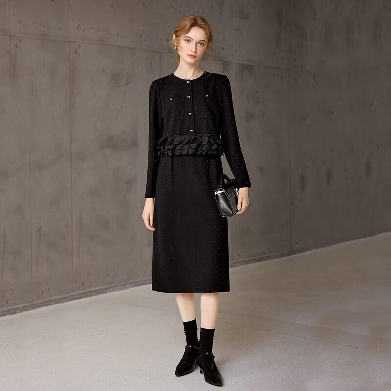 Elegant Round Neck Long Sleeve Black Midi Dress L