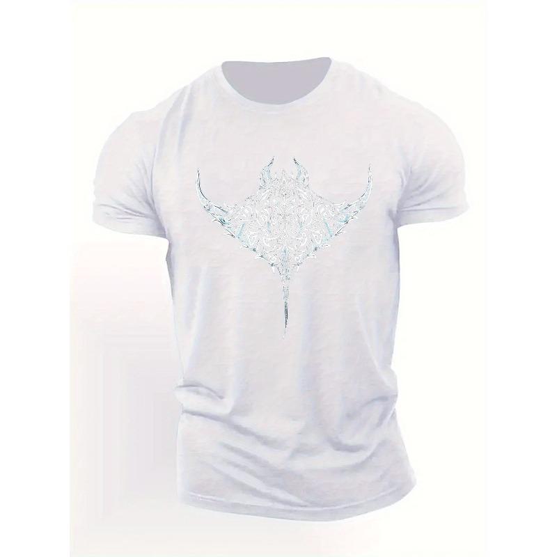 European Size Men's Tribal Manta Ray T-Shirt with Swirling Marine Motifs -Short Sleeve Summer Beachwear, Casual Round Neck Top, Machine Washable Shirt