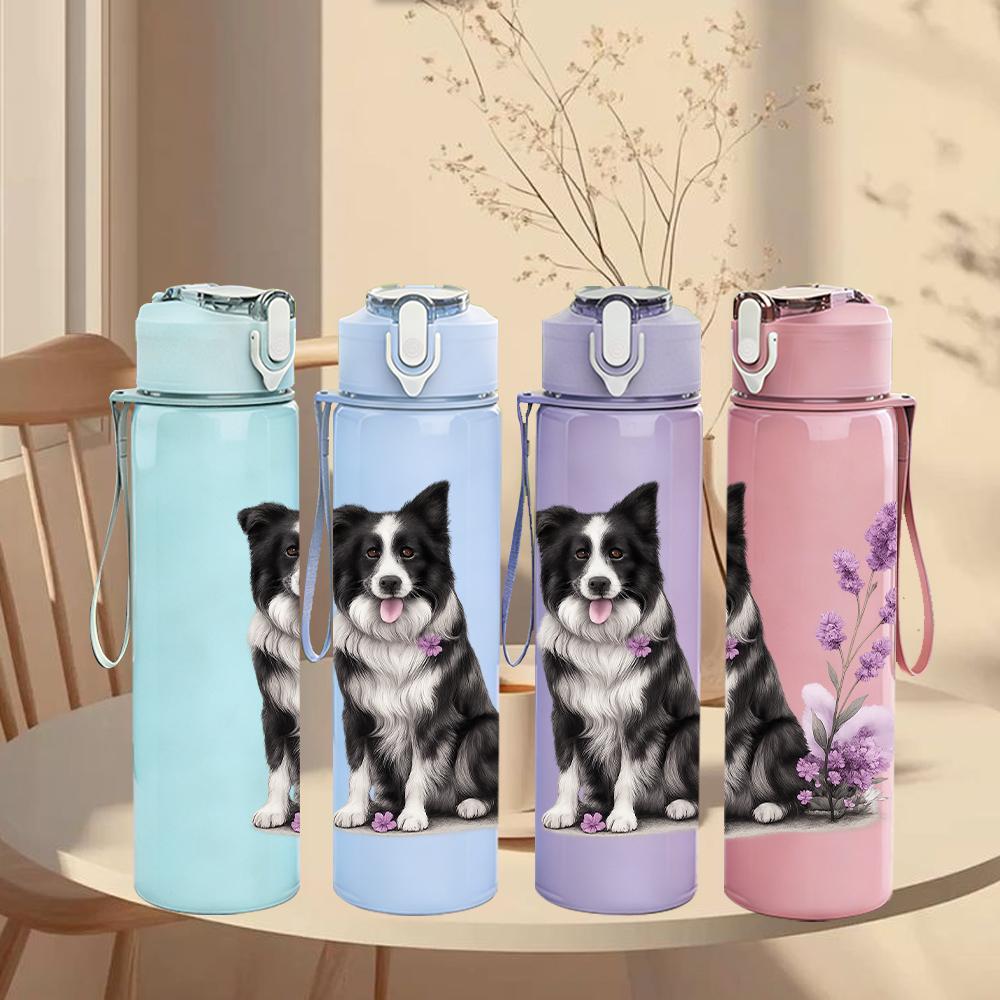 1pz Bustino Floreale Border Collie 750ml Bottiglia d'Acqua in Plastica Colorata Tappo Flip-Top con Cannuccia Anti-Perdita Per Sport Ufficio Uso Domestico