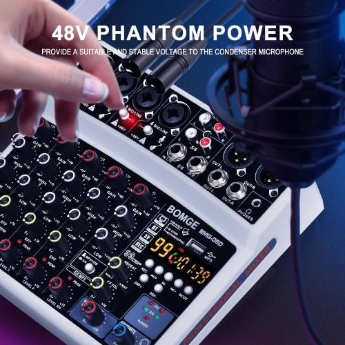 BOMGE 6-Channel DJ Audio Mixer with MP3, USB, Bluetooth, 48V Phantom Power, 5V Power Supply, and 99 DSP Echo Effects for Live Performances, Music, Kar