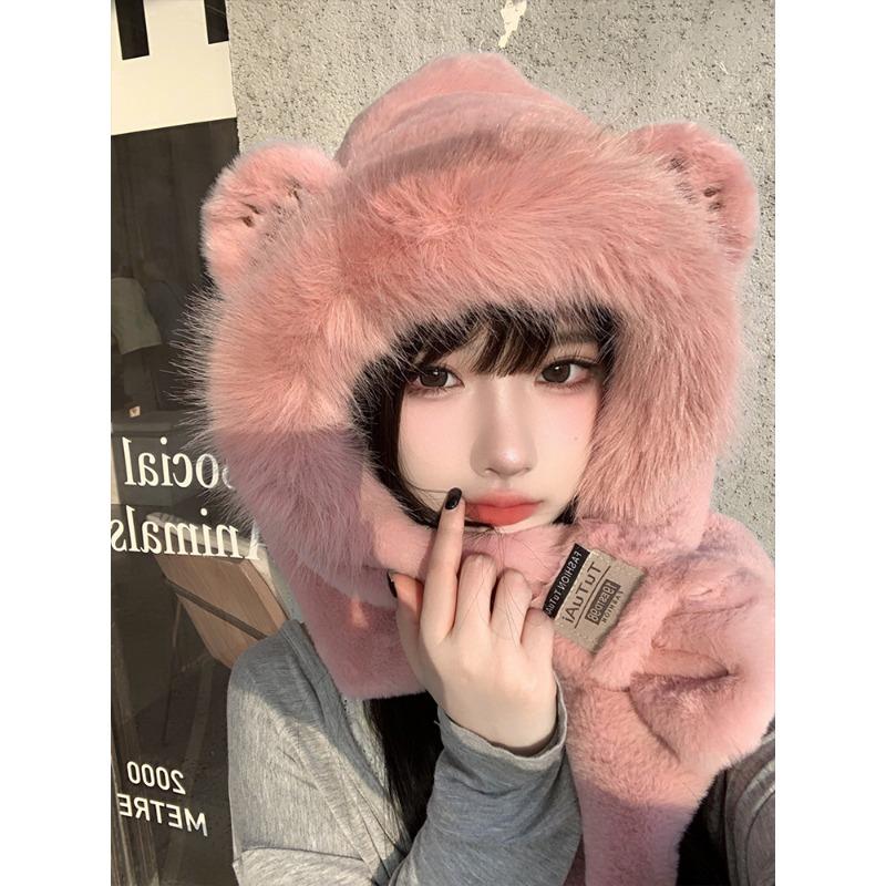 

New Winter Bear Warm Hat Scarf Integrated Hat for Women Windproof Cold Plush Hat Korean Version Versatile One Piece Hat