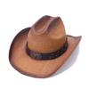 Straw one-word sunshade straw hat Western cowboy hat Bull head label belt decorative hard top hat