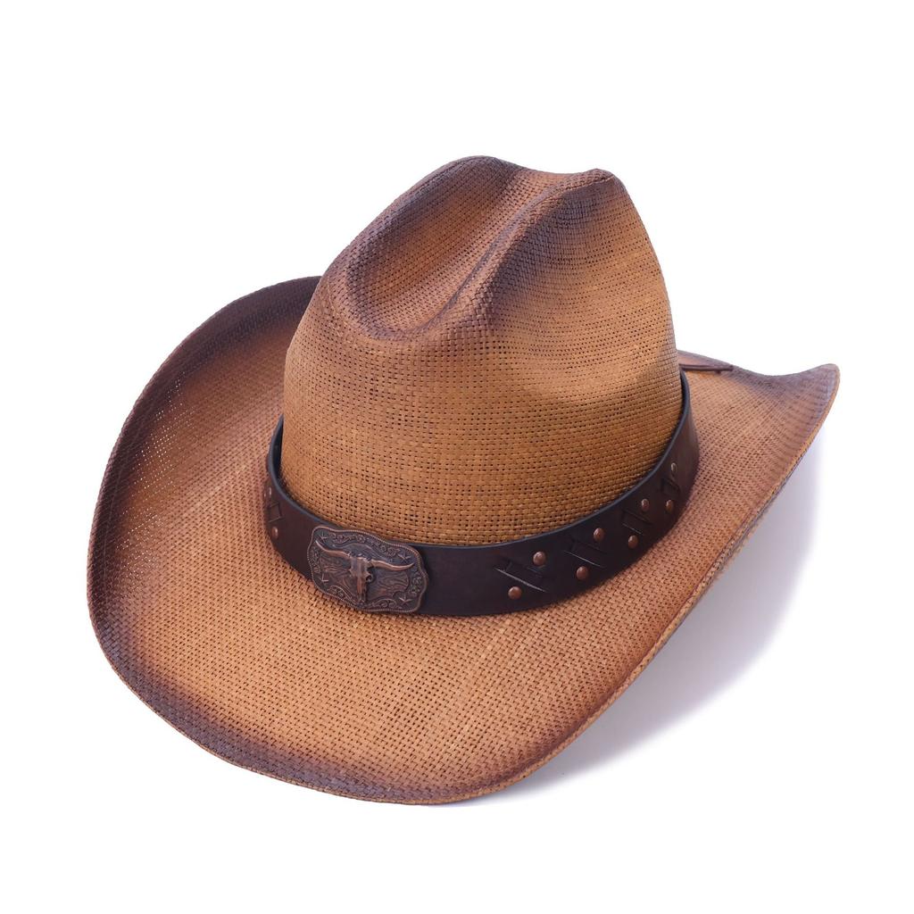 Straw one-word sunshade straw hat Western cowboy hat Bull head label belt decorative hard top hat