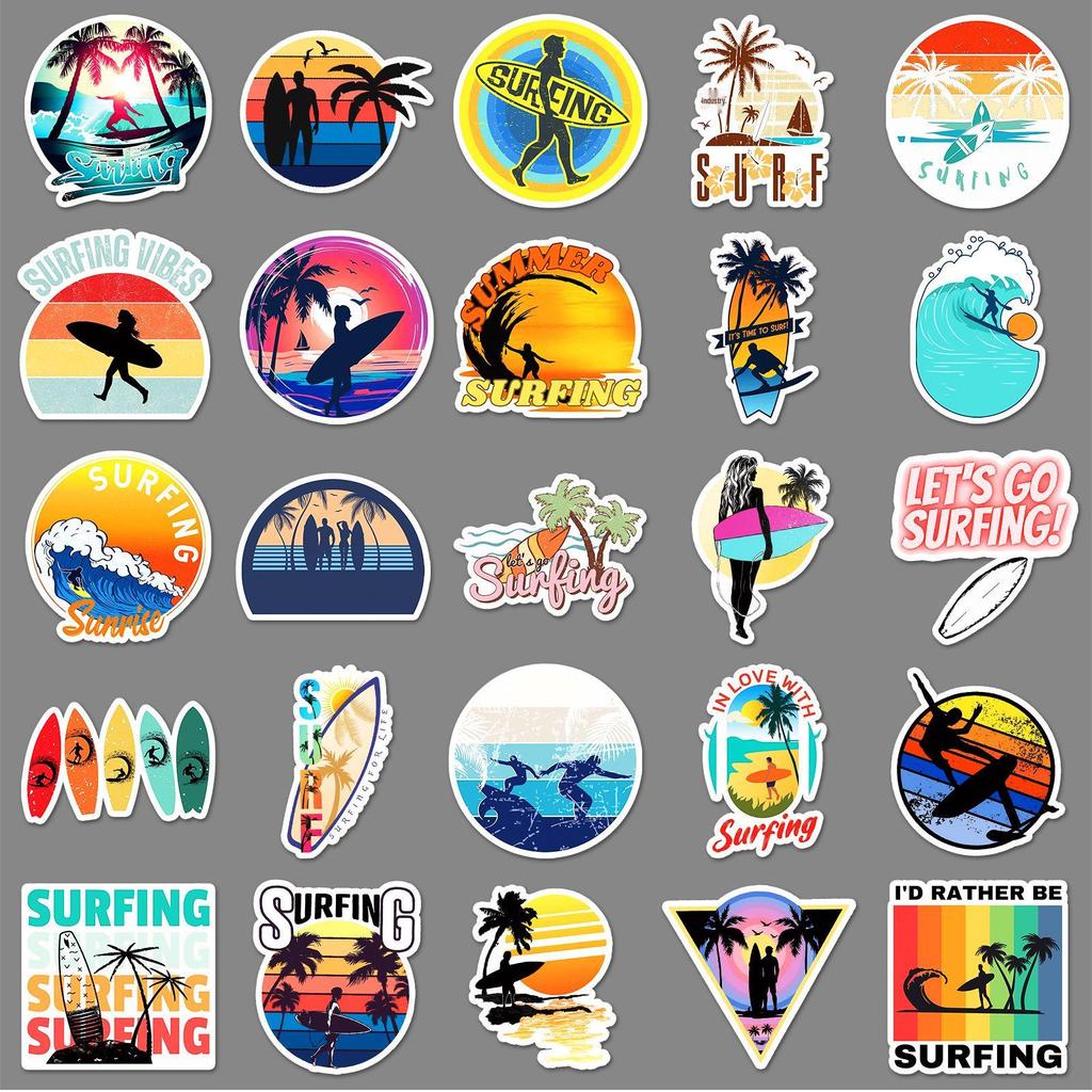 50-Piece Waterproof Cartoon Surfing Stickers for DIY Suitcases & Helmets