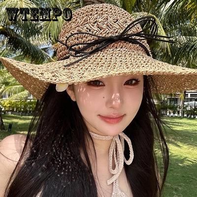 Chic Boho Straw Sun Hat with Bowknot - Wide Brim, UV Protection, Perfect for Beach & Travel - Women's Fashion