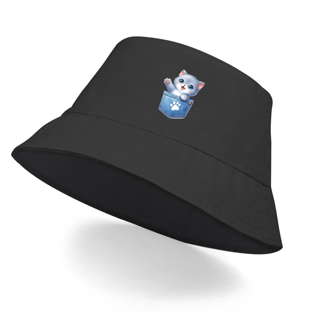 Bucket Hat With Cute Cat Print , Dog Claw Pocket Fisherman Cap Solid Color Wide Brim Unisex Basin Hat