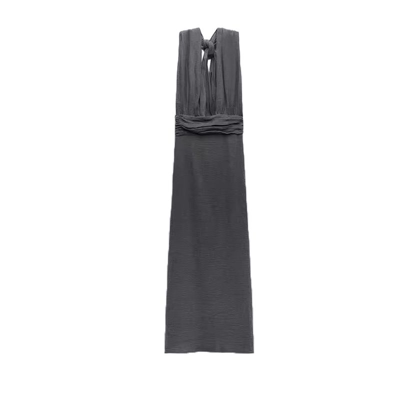 

Summer New Product Women s Clothes Fashion Style Minimalist Hanging Collar Sleeveless Pleated Trim Long Dress 8172917 Dark gray XS
