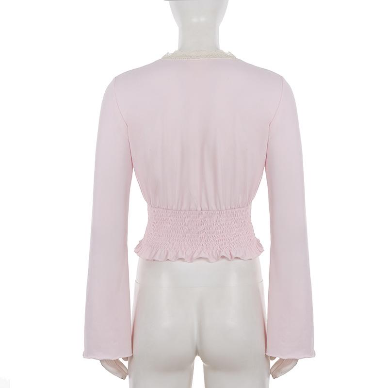 Spicy Girl Pink Lace Patchwork Ruched V-Neck Base Shirt