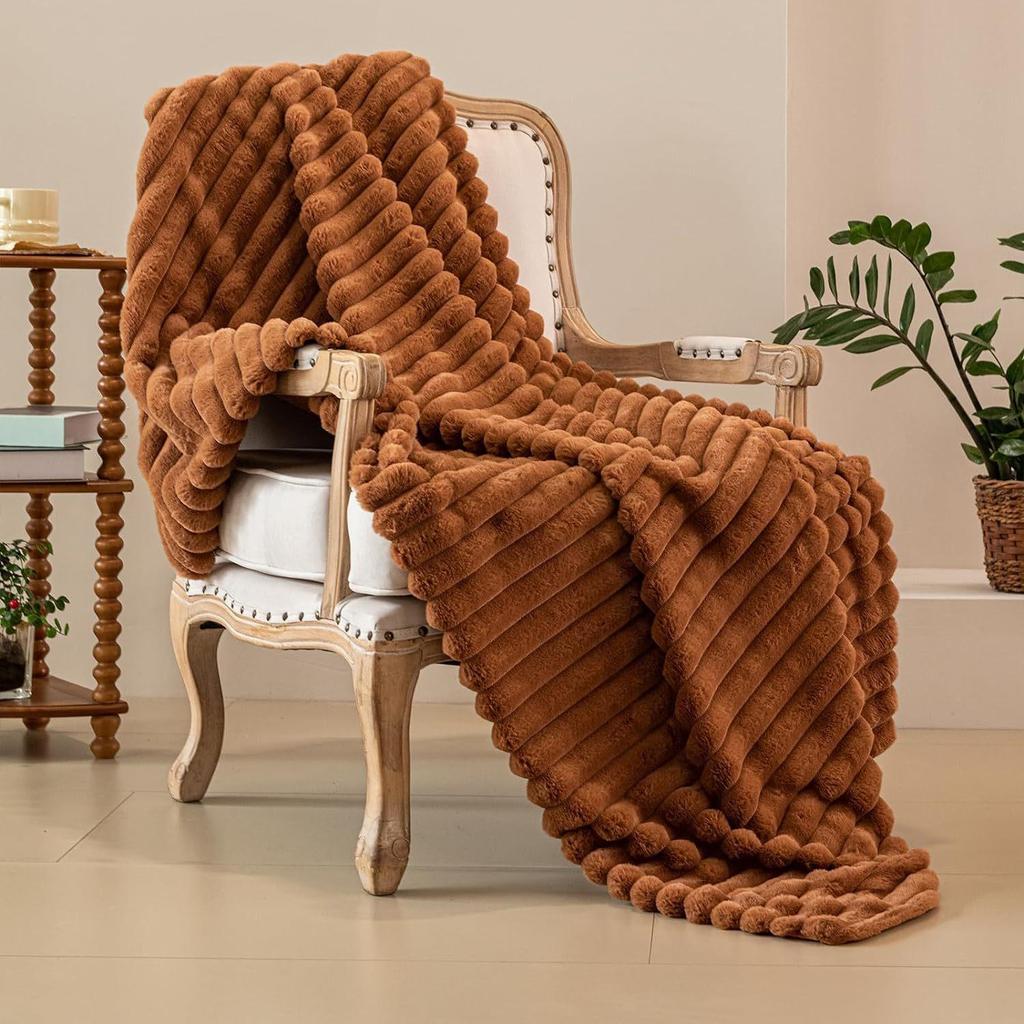 Ultra-Soft Faux Rabbit Fur Striped Throw Blanket - Double-Layered for Warmth, Ideal for Sofa or Bedroom.