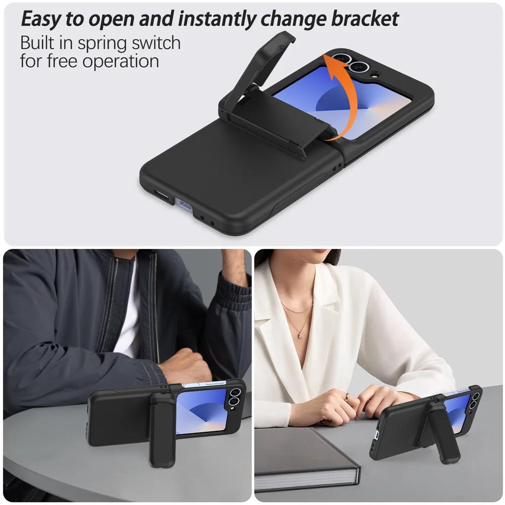 Phone Case For Samsung Galaxy Z Flip 7 FE 6 5 4 3 Flip6 Flip7 Multifunctional Card Holder Hinge Protection Kickstand Cover